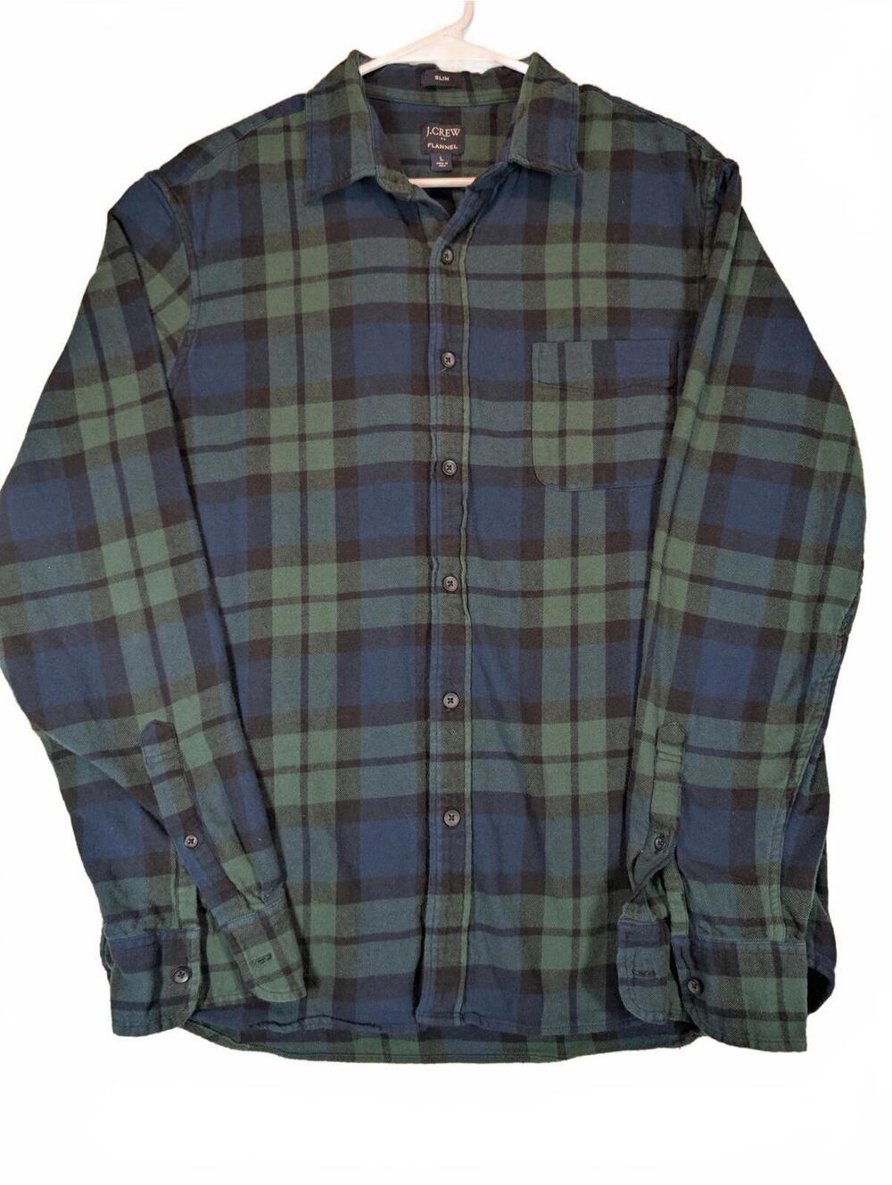 J.Crew Slim Flannel Plaid Button Up Shirt Chest Pocket Blue Green Mens Large